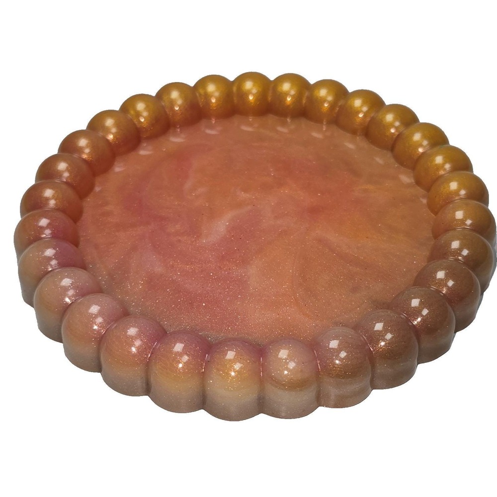 Handmade Resin Trinket Dish 5" Round Gold Rose Shimmer Alcohol‎ Inks Bubble Rim